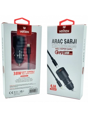 4.1A 38W PD To Lightning Metal Araç Şarj Aleti Veltex VTX-103