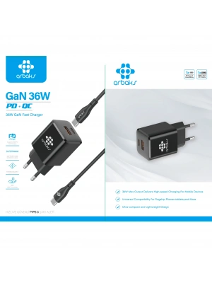 GaN Teknoloji 36W PD Type-C to Type-C Şarj Kablosu – ARB-016 Siyah