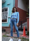 Çizgili Tasarım Triko Bluz - MAVİ