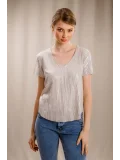 V Yaka Tasarım T-shirt-KREM