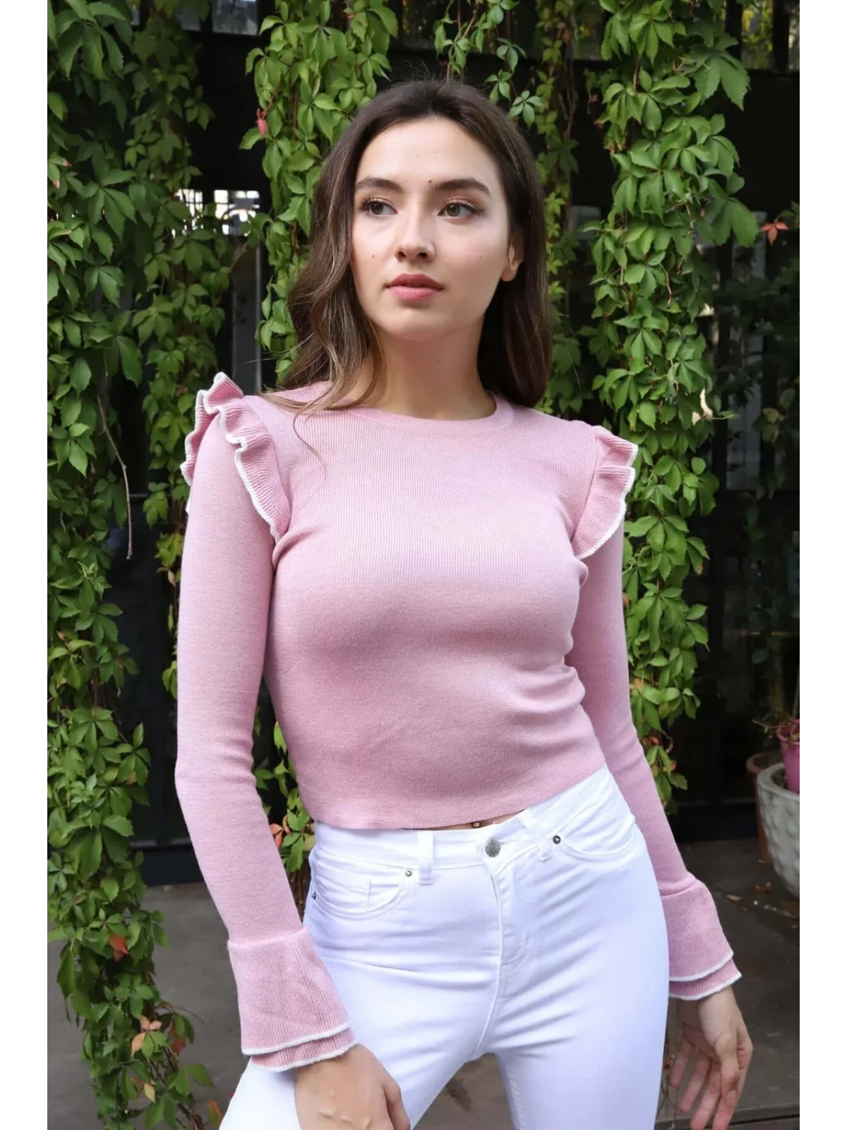 Fırfır Detaylı Triko Bluz - TOZ PEMBE