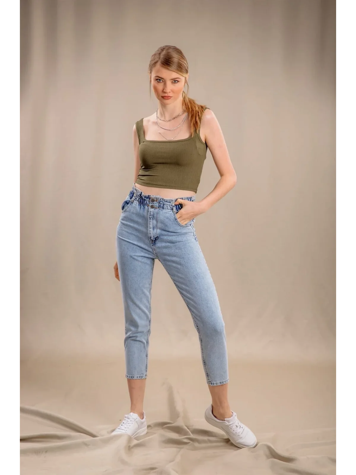Lastik Detaylı Slim Fit Jeans - MAVİ