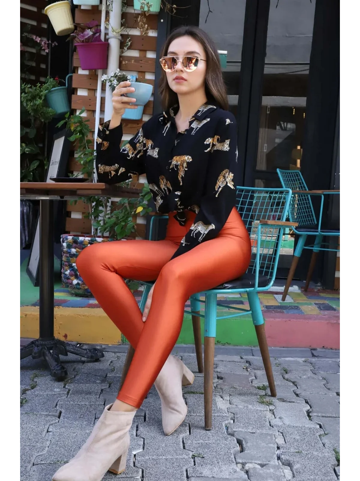 Yüksek Bel Disco Tayt - KİREMİT