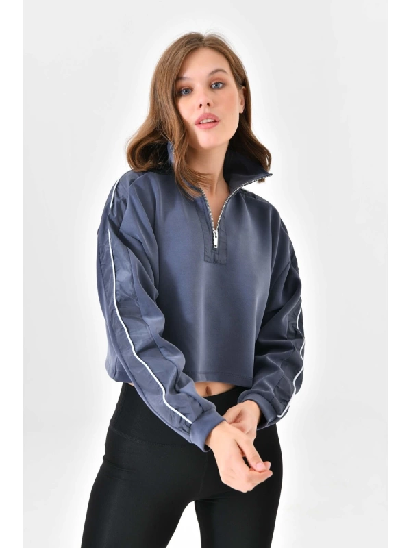 Kadın Crop Sweatshirt Oversize Üst Takım Dik Yaka Fermuarlı Modal Kumaş