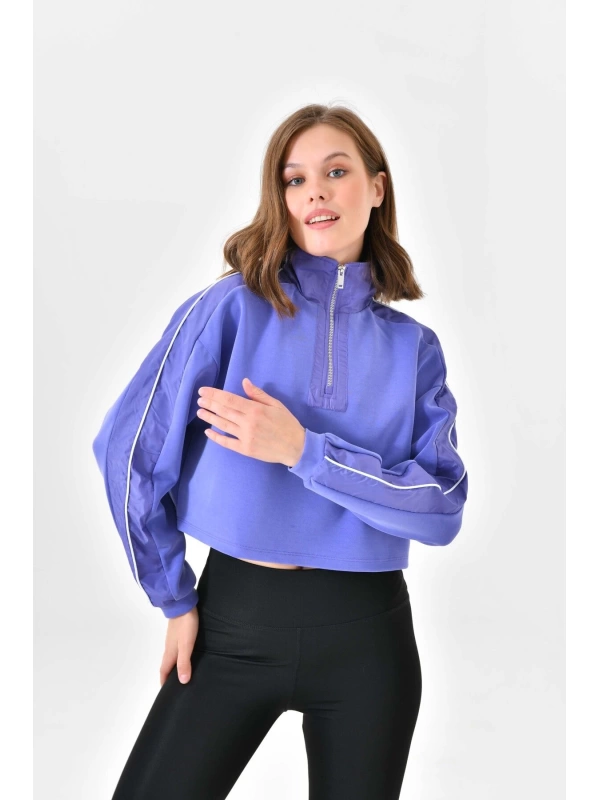 Kadın Crop Sweatshirt Oversize Üst Takım Dik Yaka Fermuarlı Modal Kumaş