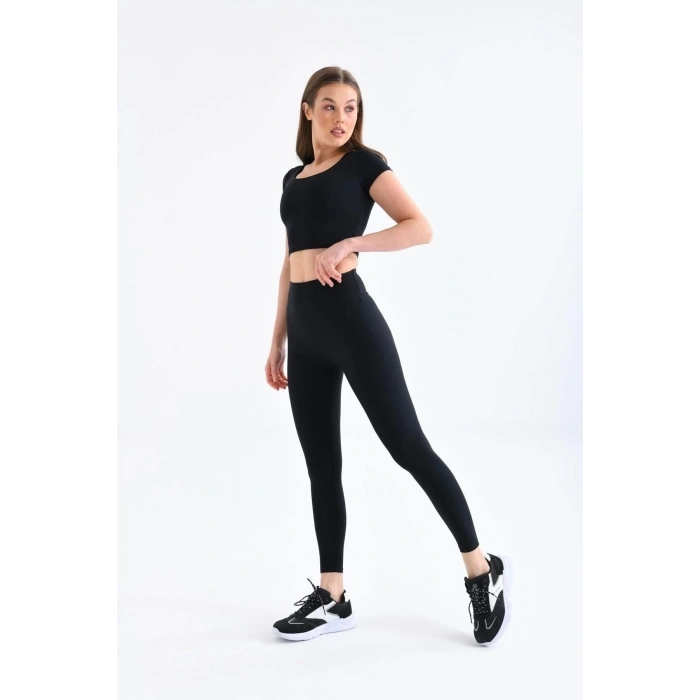Siyah Yüksel Bel Toparlayıcı Tayt Ultra Esnek Ultra Hafif Elit Spor Tayt
