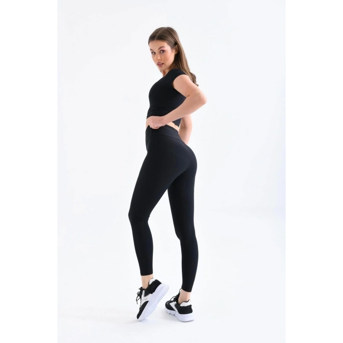Siyah Yüksel Bel Toparlayıcı Tayt Ultra Esnek Ultra Hafif Elit Spor Tayt