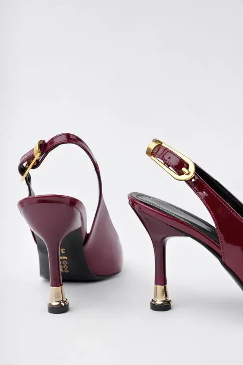 Kadın Bordo Rugan Tokalı Sivri Şık Topuklu Stiletto Ayakkabı