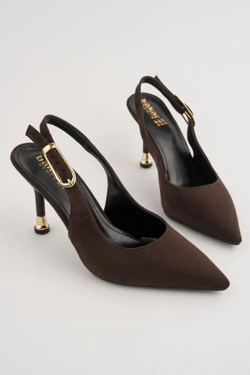 Kadın Kahverengi Süet Tokalı Sivri Şık Topuklu Stiletto Ayakkabı