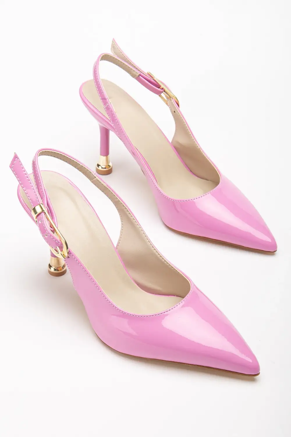 Kadın Pembe Rugan Tokalı Sivri Şık Topuklu Stiletto Ayakkabı