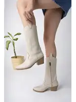 Kadın Bej Deri Nakışlı Yeni Sezon Kovboy Çizme