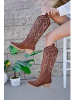 Western kadın Taba Süet Nakışlı Fermuarlı Uzun Kovboy Çizme