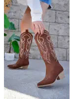 Western kadın Taba Süet Nakışlı Fermuarlı Uzun Kovboy Çizme