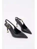 Kadın Siyah Deri Tokalı Sivri Şık Topuklu Stiletto Ayakkabı