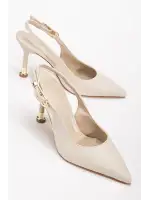 Kadın Bej Deri Tokalı Sivri Şık Topuklu Stiletto Ayakkabı