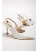 Kadın Beyaz Deri Tokalı Sivri Şık Topuklu Stiletto Ayakkabı