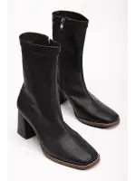 Kadın Orta Boy Küt Burun Streç Kumaş Topuklu Ayakkabı Siyah