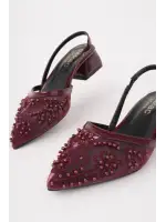 Kadın Bordo Nakışlı Ve Boncuklu Topuklu Ayakkabı