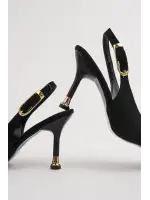 Kadın Siyah Süet Tokalı Sivri Şık Topuklu Stiletto Ayakkabı