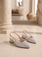 Kadın Gümüş Saten Kumaş Pırlantalı Topuklu ayakkabı