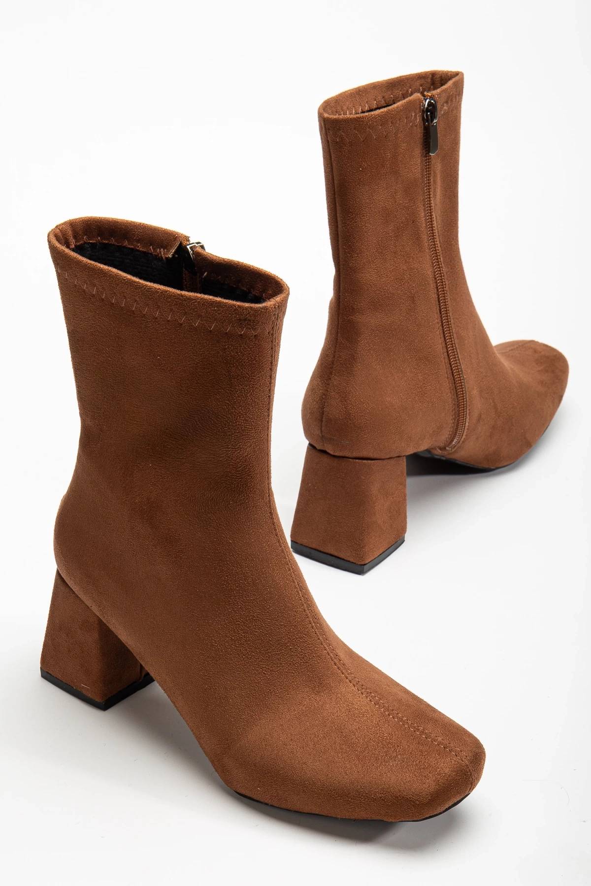 Kadın Taba Süet Küt Burun Orta Boy Topuklu bot