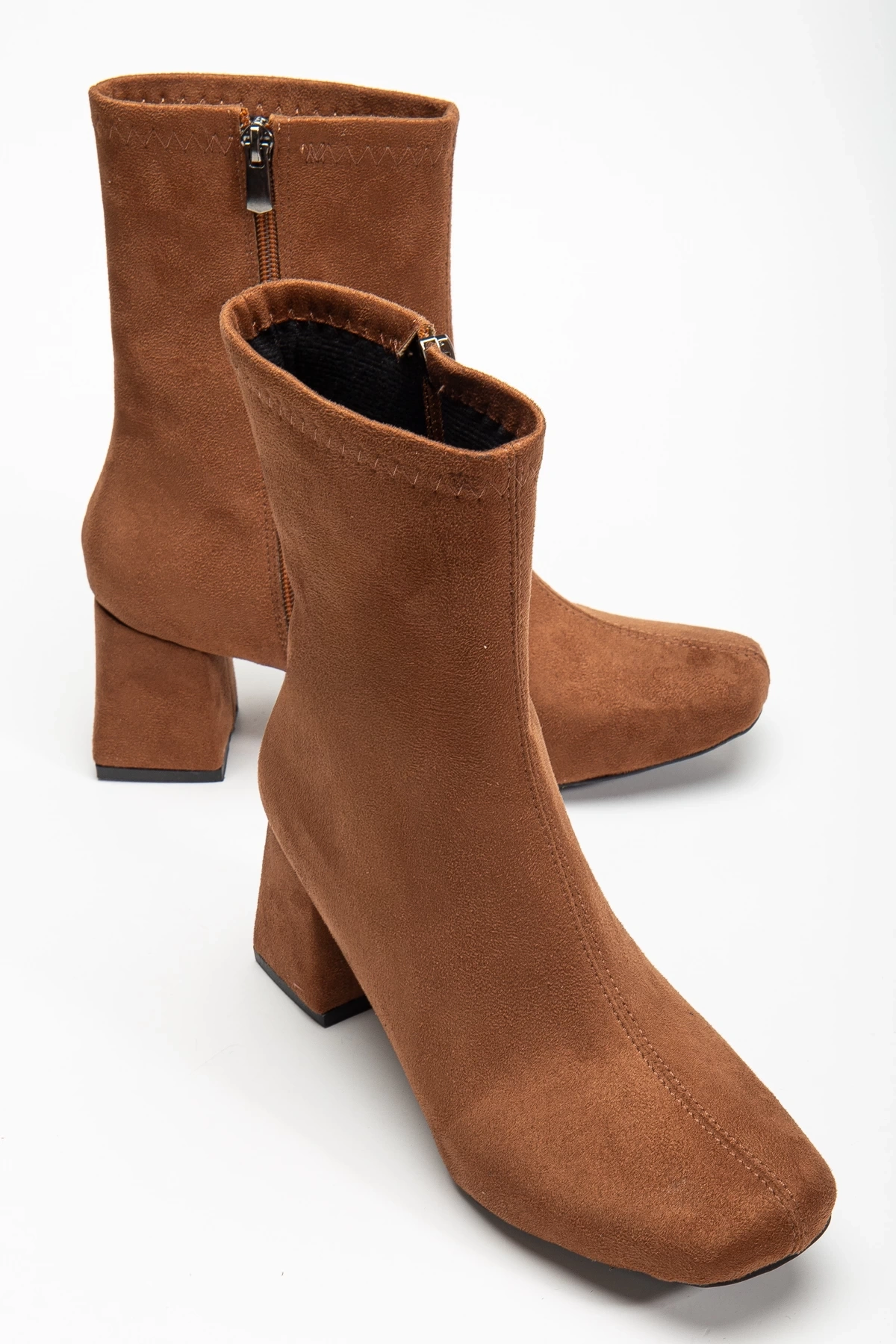 Kadın Taba Süet Küt Burun Orta Boy Topuklu bot