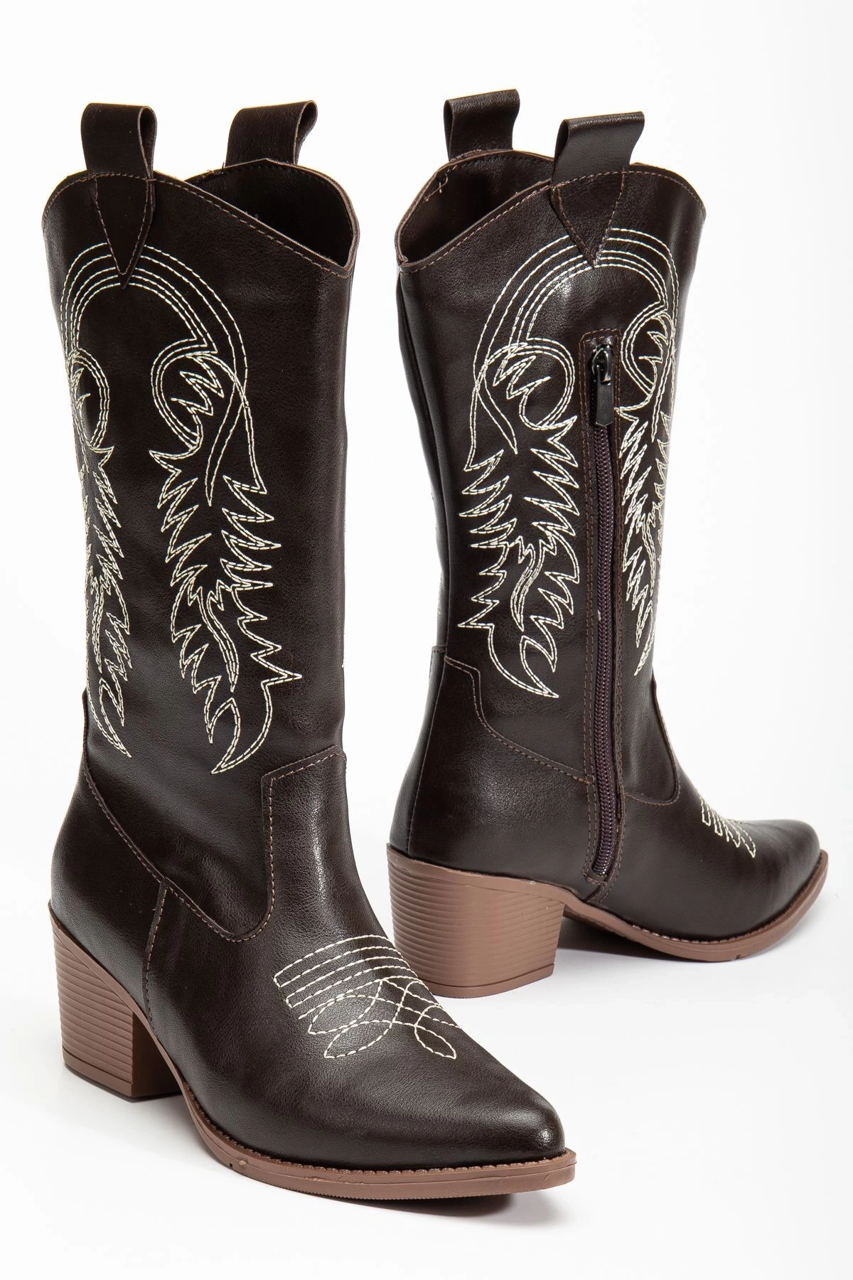 Kadın Nakışlı Yeni Sezon Kovboy Çizme Acı Kahverengi