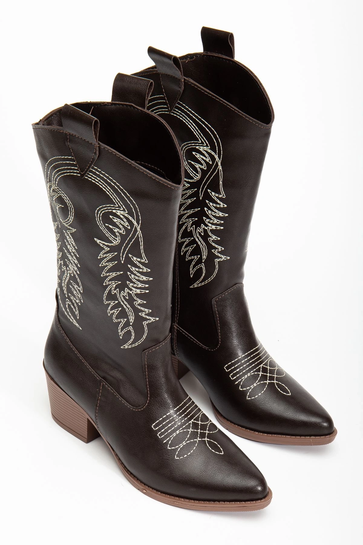 Kadın Nakışlı Yeni Sezon Kovboy Çizme Acı Kahverengi