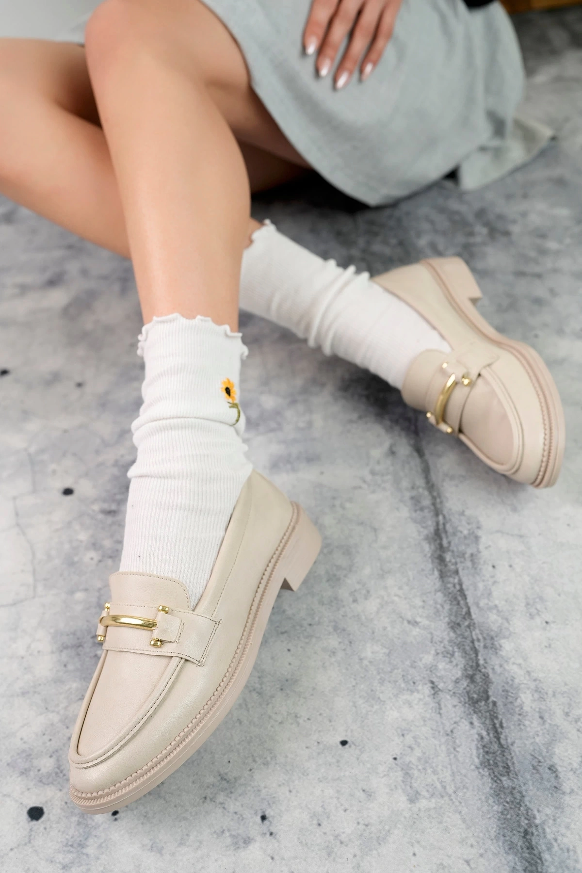 Kadın Bej Deri Günlük Ortopedik Taban Oxford Ayakkabı