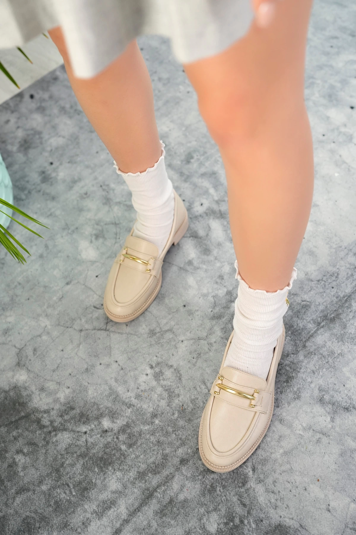 Kadın Bej Deri Günlük Ortopedik Taban Oxford Ayakkabı