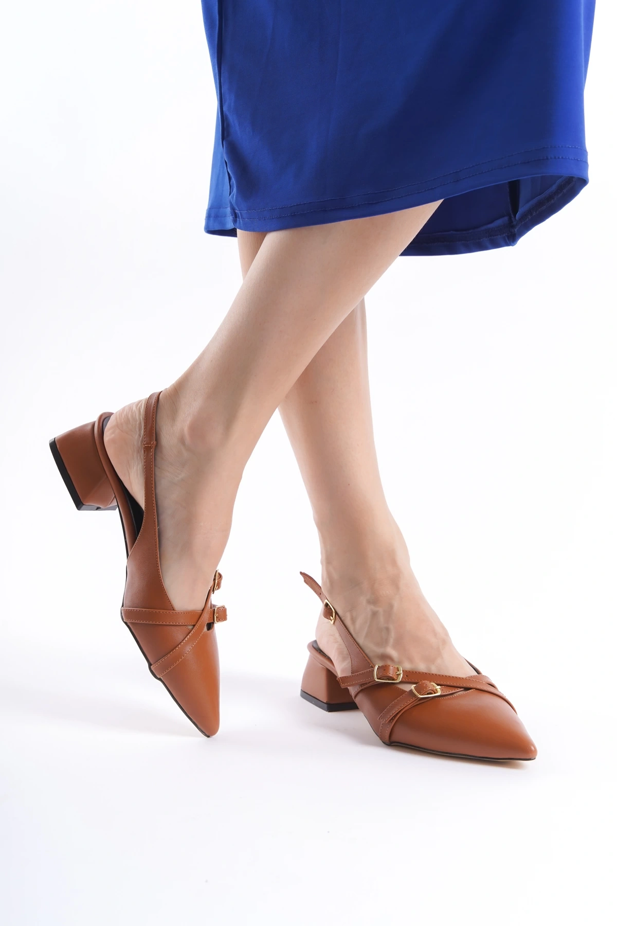 Kadın Taba Cilt Çapraz Bantlı Yeni Sezon Kısa Topuklu Ayakkabı