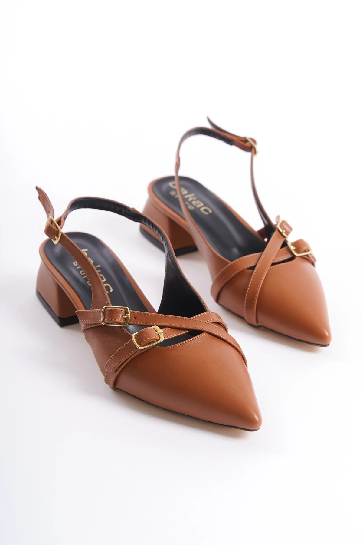 Kadın Taba Cilt Çapraz Bantlı Yeni Sezon Kısa Topuklu Ayakkabı