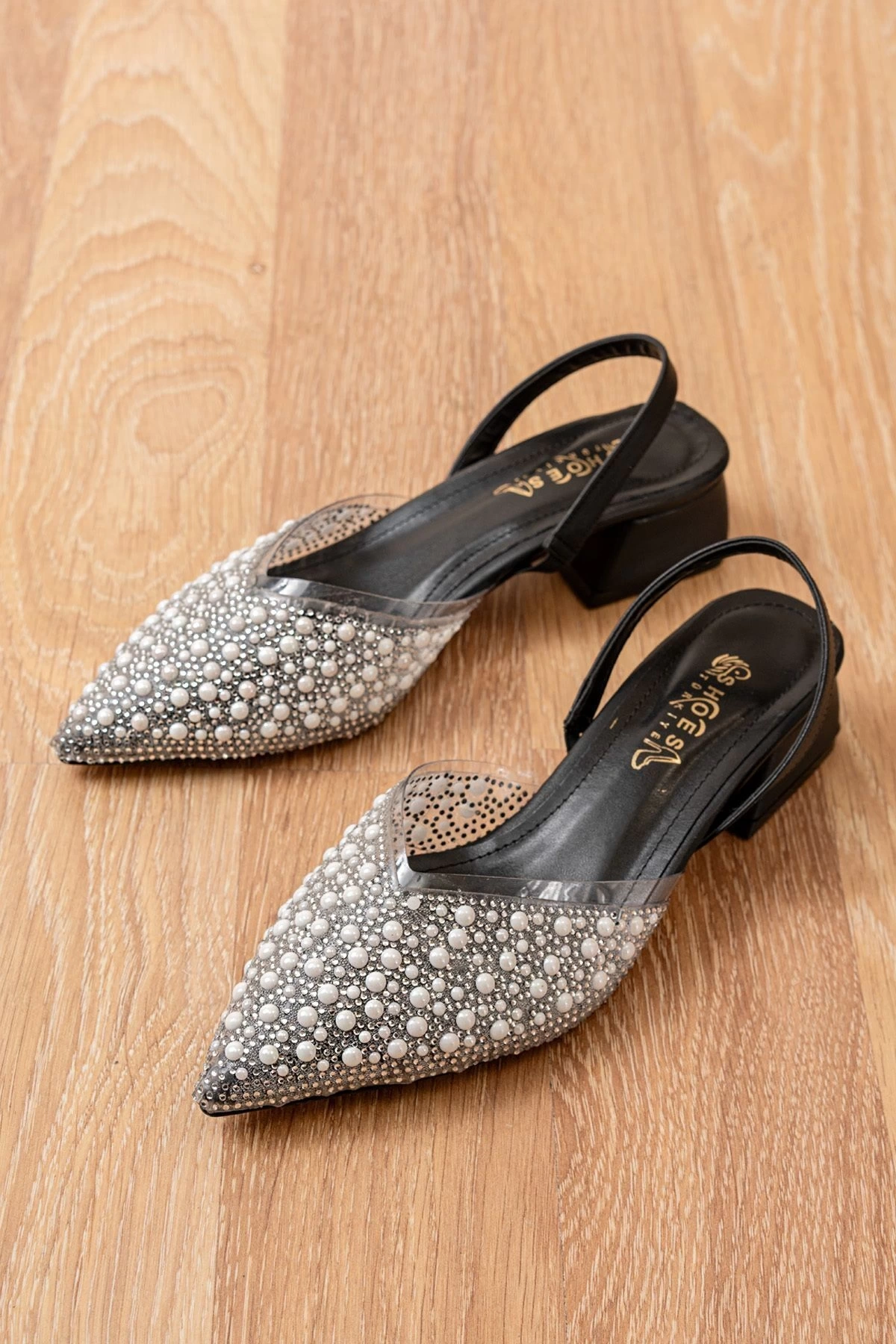 Kadın Siyah Şeffaf Boncuklu Günlük Gelinlik Çeyizlik Topuklu Ayakkabı