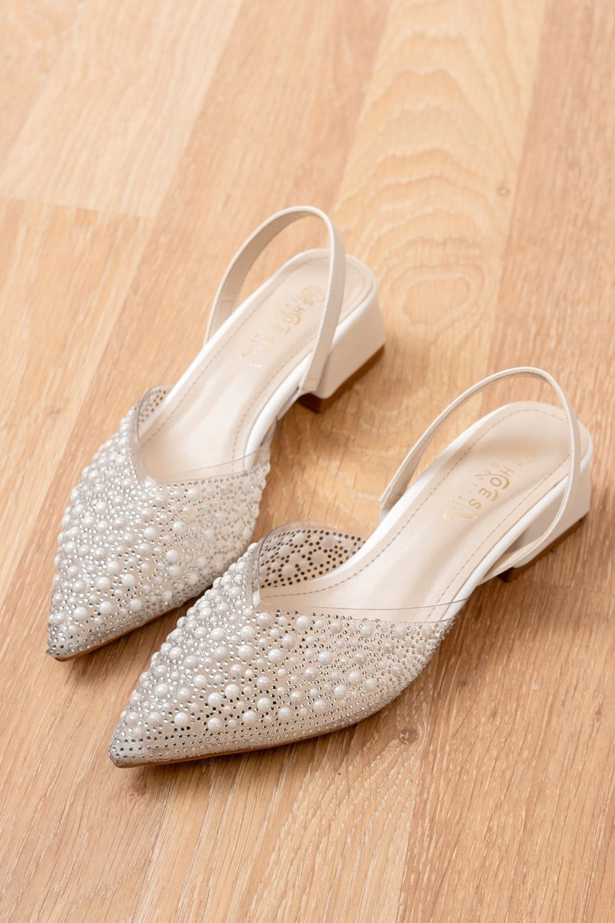 Kadın Beyaz Şeffaf Boncuklu Günlük Gelinlik Çeyizlik Topuklu Ayakkabı