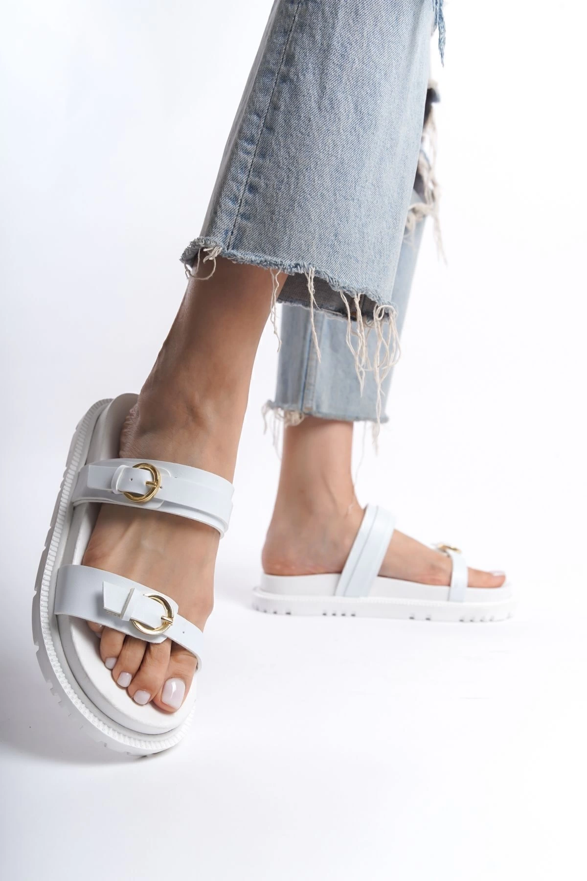 Kadın Beyaz Günlük Çift Kat Rahat Taban Sandalet Terlik