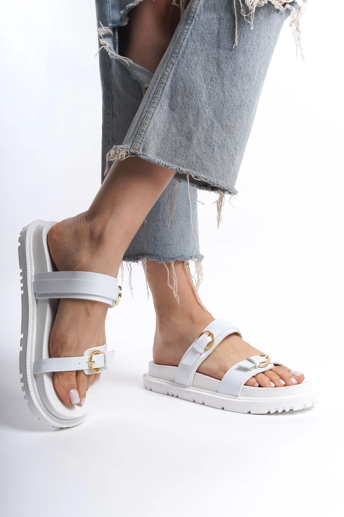 Kadın Beyaz Günlük Çift Kat Rahat Taban Sandalet Terlik