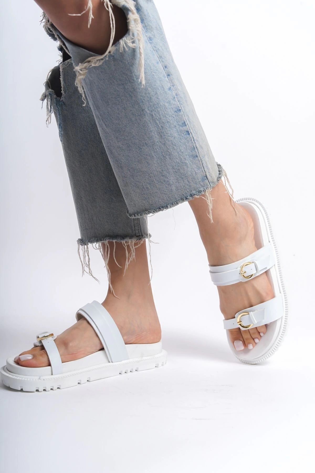 Kadın Beyaz Günlük Çift Kat Rahat Taban Sandalet Terlik