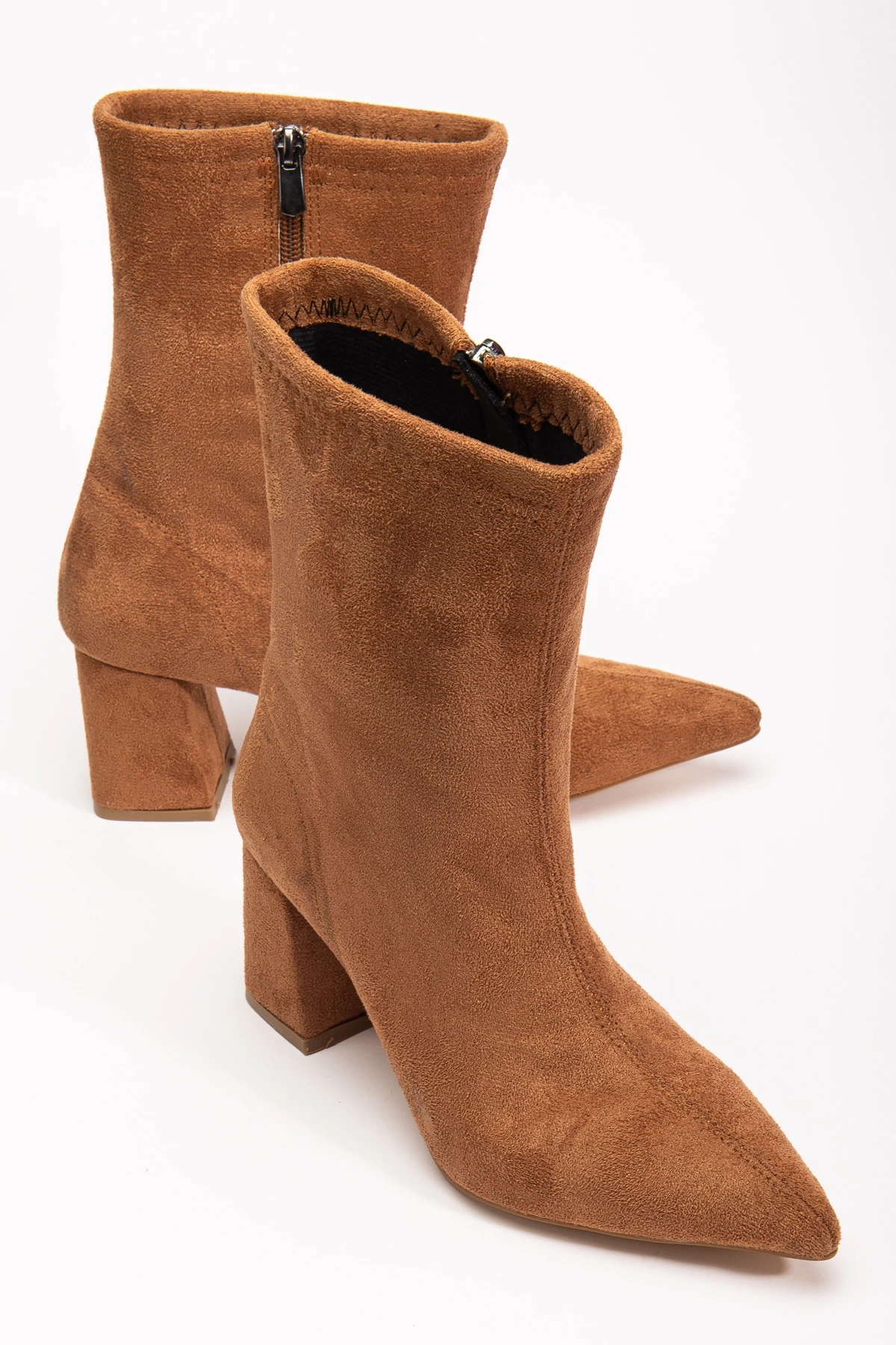 Venessa Kadın Taba Süet Sivri Burun Orta Boy Topuklu Bot