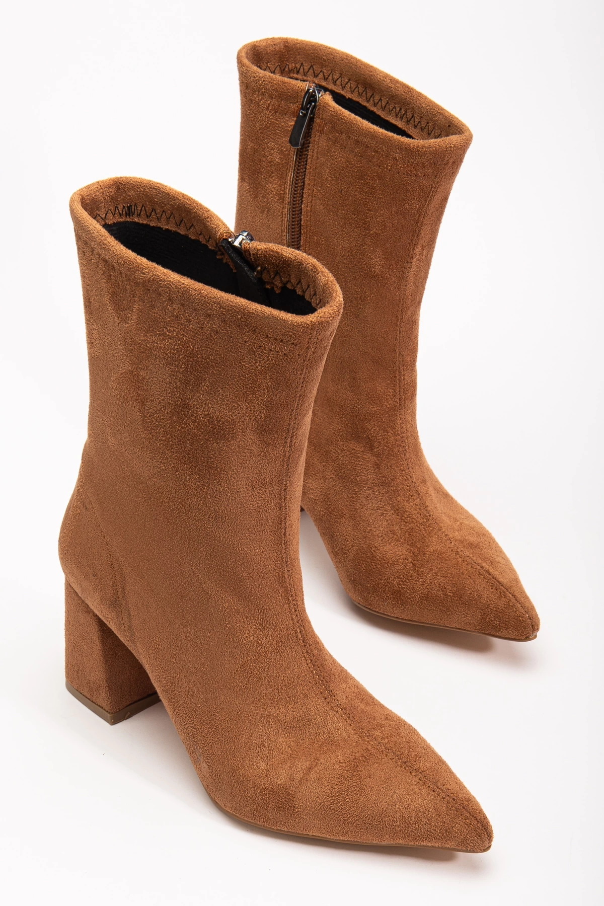 Venessa Kadın Taba Süet Sivri Burun Orta Boy Topuklu Bot