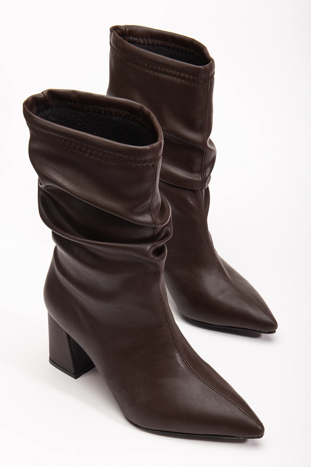 Noire Acı Kahverengi kadın Deri Büzgülü Sivri Burun Kalın Topuklu Bot