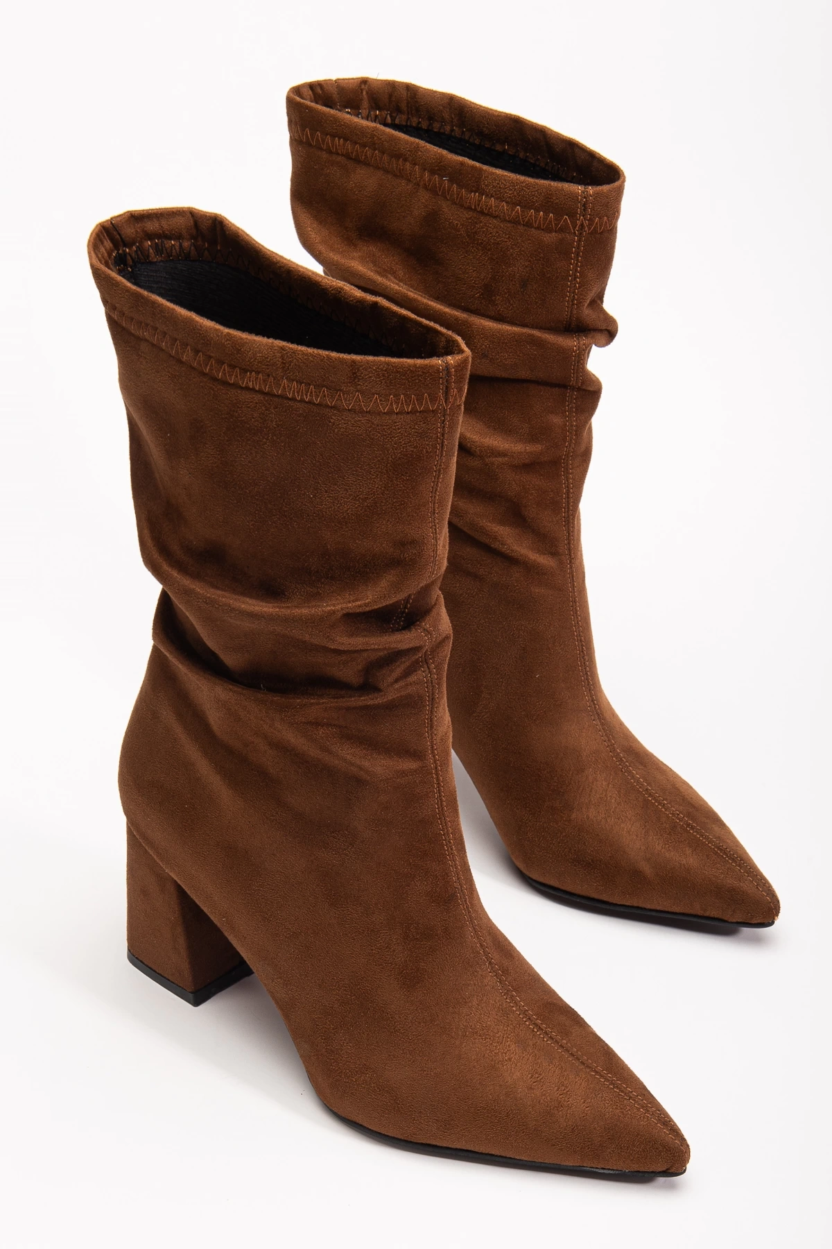 noire Kadın Taba Süet Büzgülü Sivri Burun Kalın Topuklu Bot