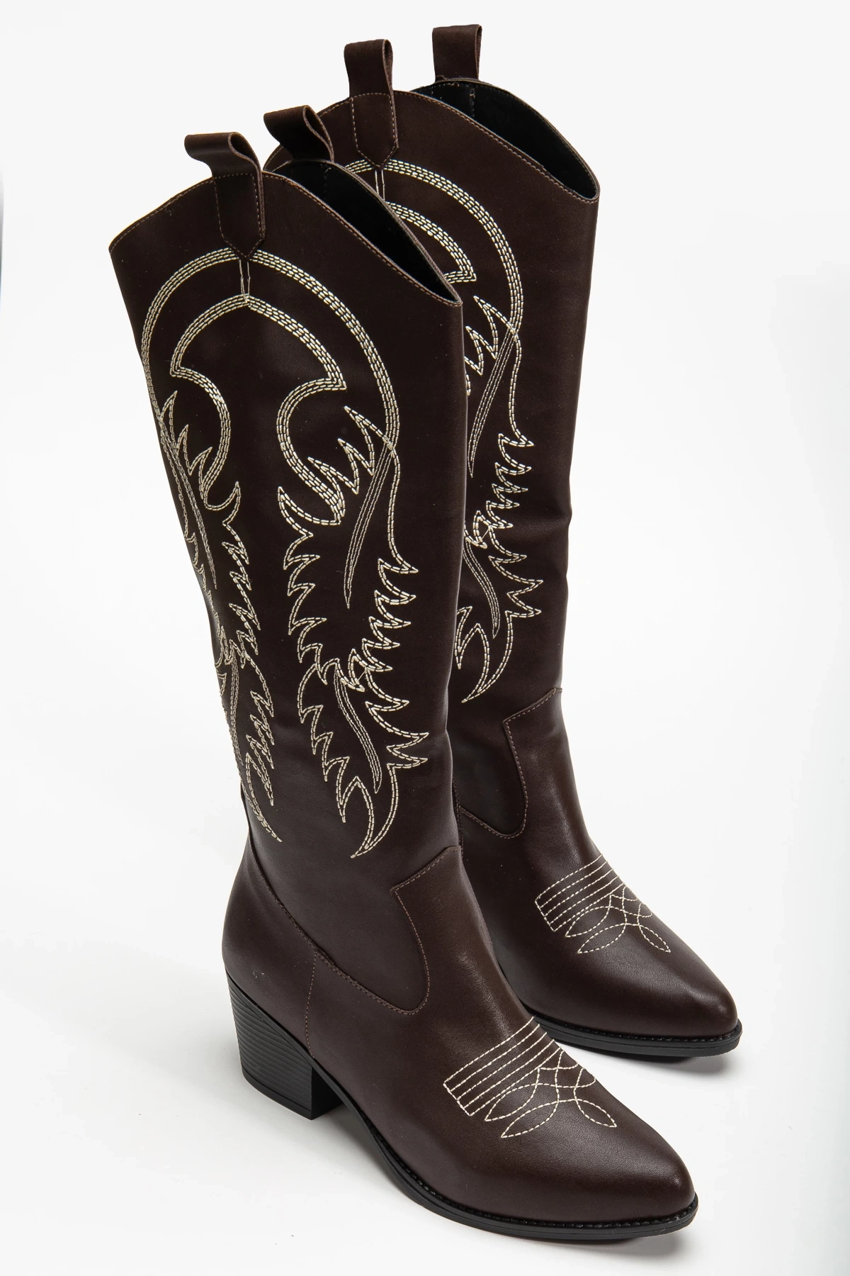 Western kadın Nakışlı Kahverengi Fermuarlı Uzun Kovboy Çizme