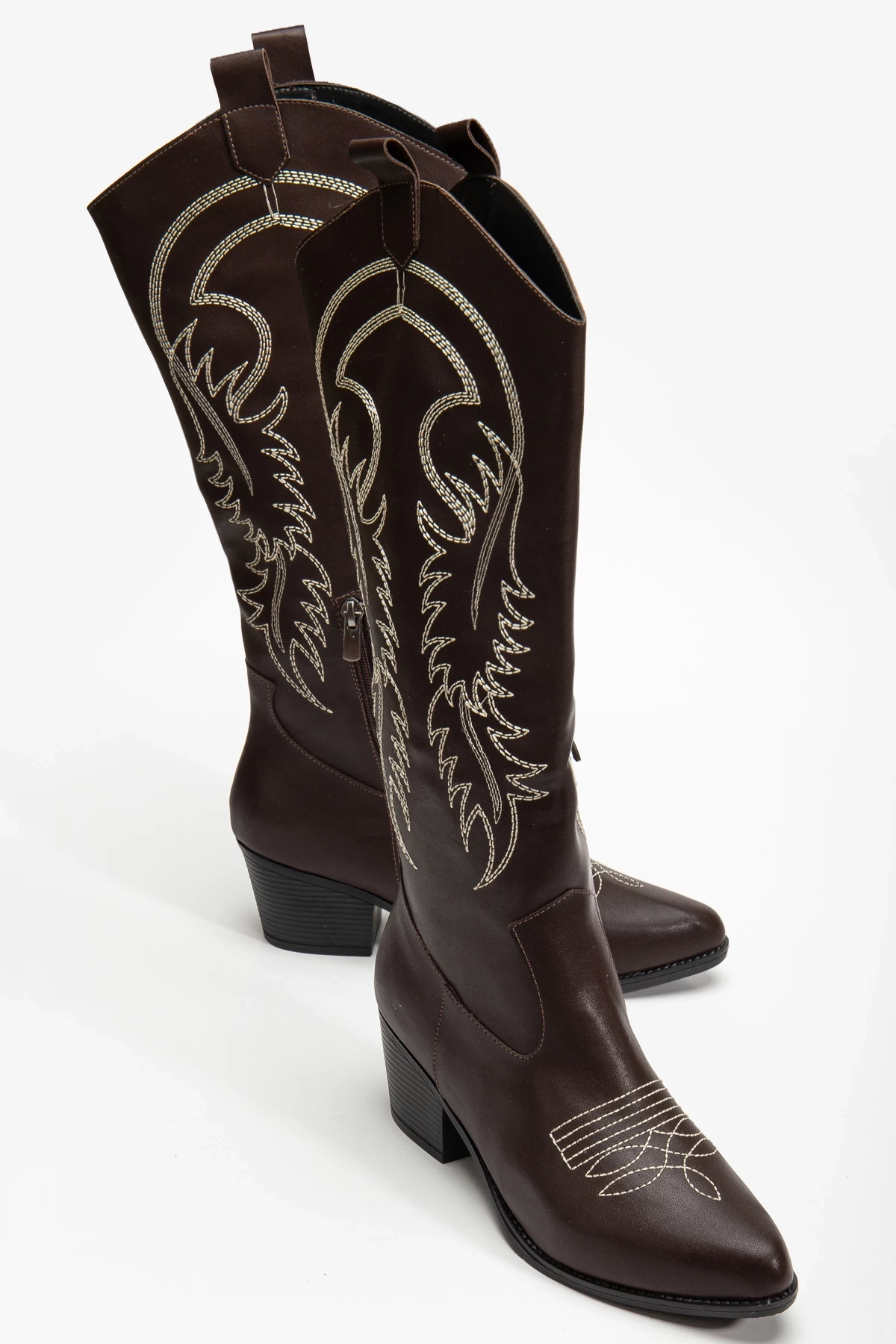 Western kadın Nakışlı Kahverengi Fermuarlı Uzun Kovboy Çizme