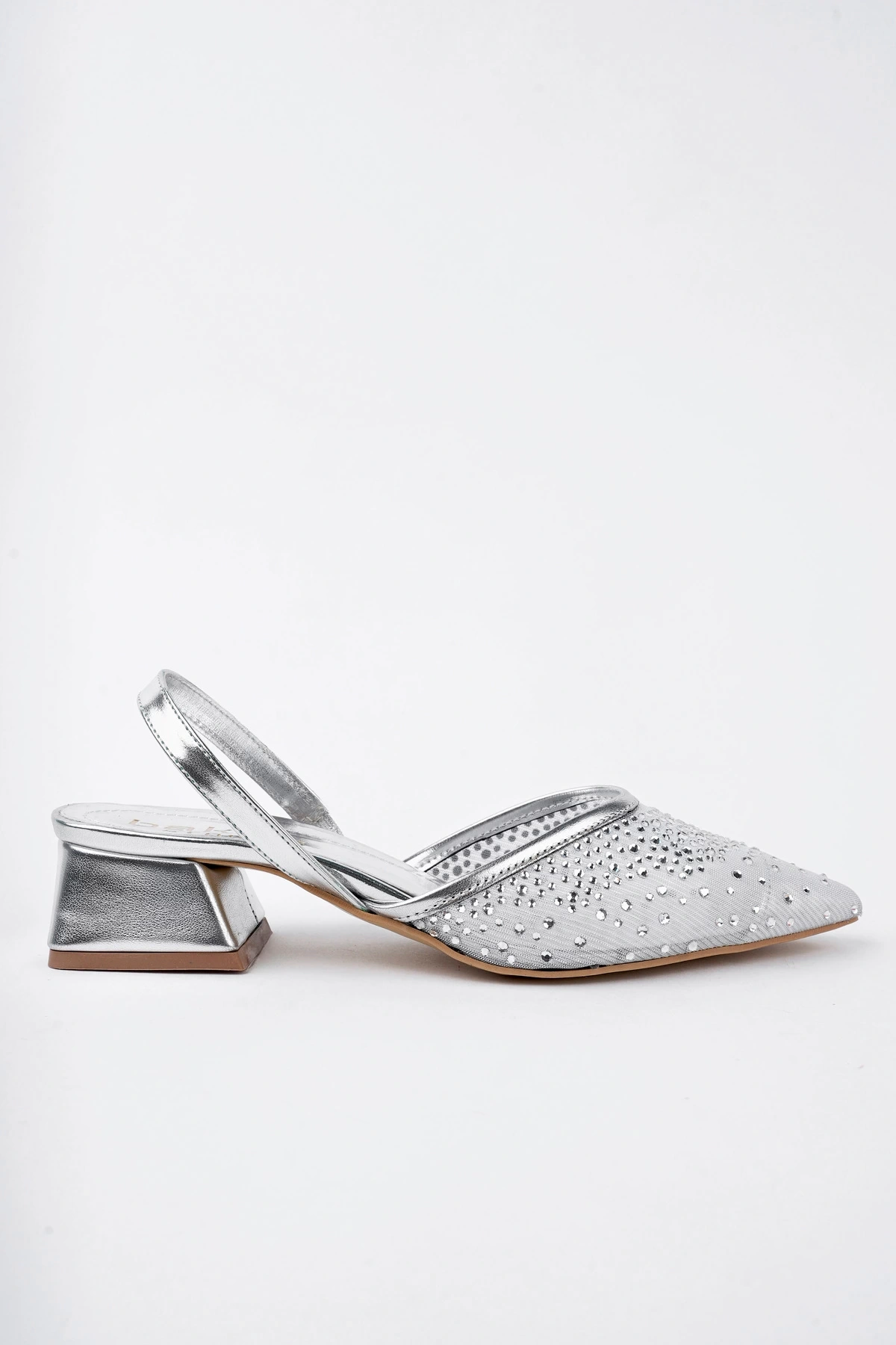 Kadın Gümüş Kısa Topuklu Taşlı Ayakkabı