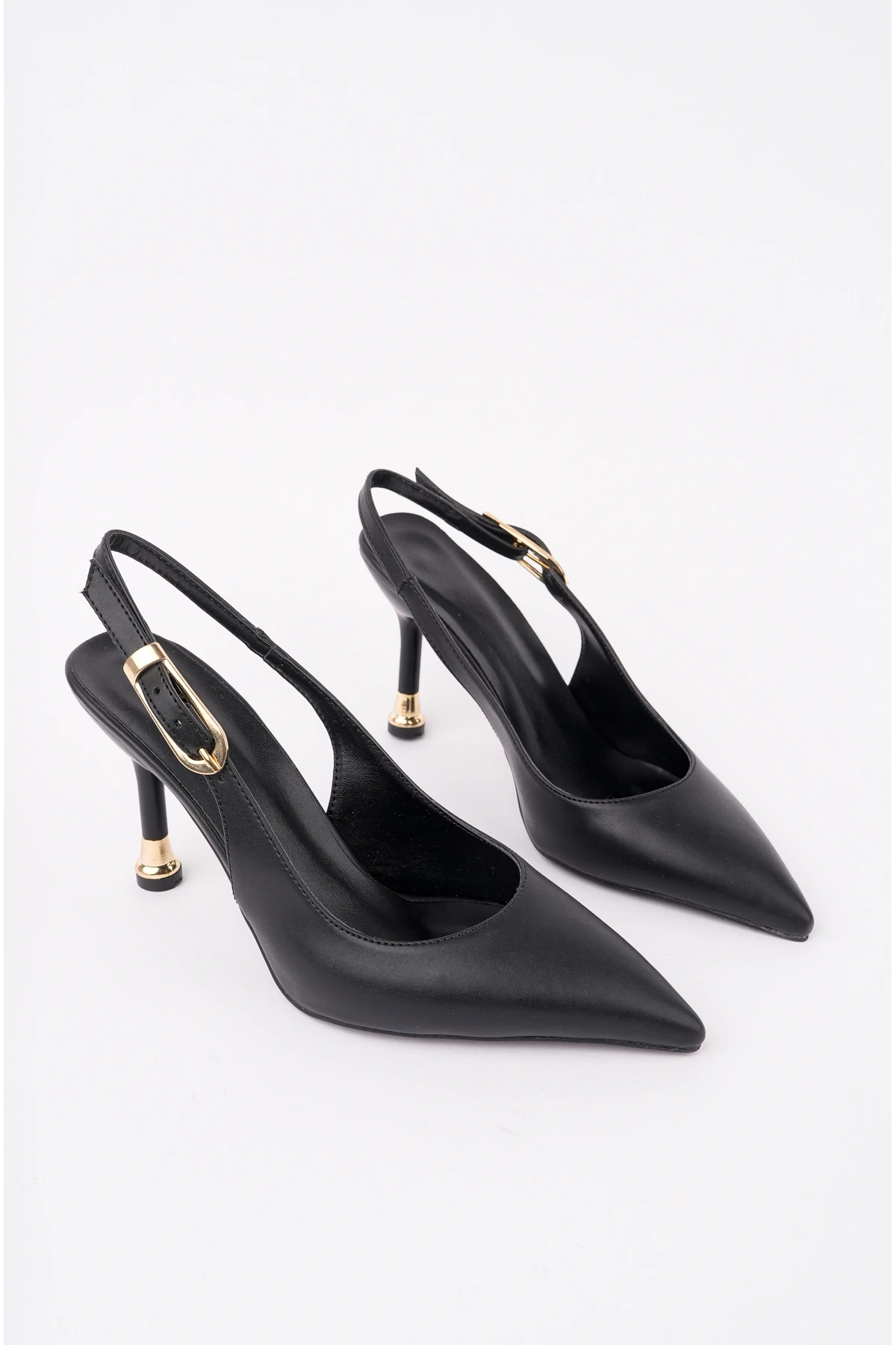 Kadın Siyah Deri Tokalı Sivri Şık Topuklu Stiletto Ayakkabı
