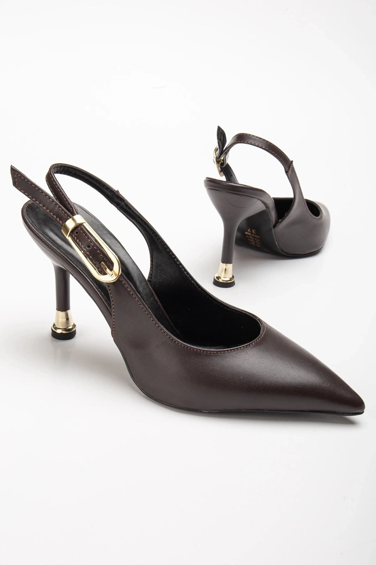 Kadın Kahverengi Cilt Tokalı Sivri Şık Topuklu Stiletto Ayakkabı