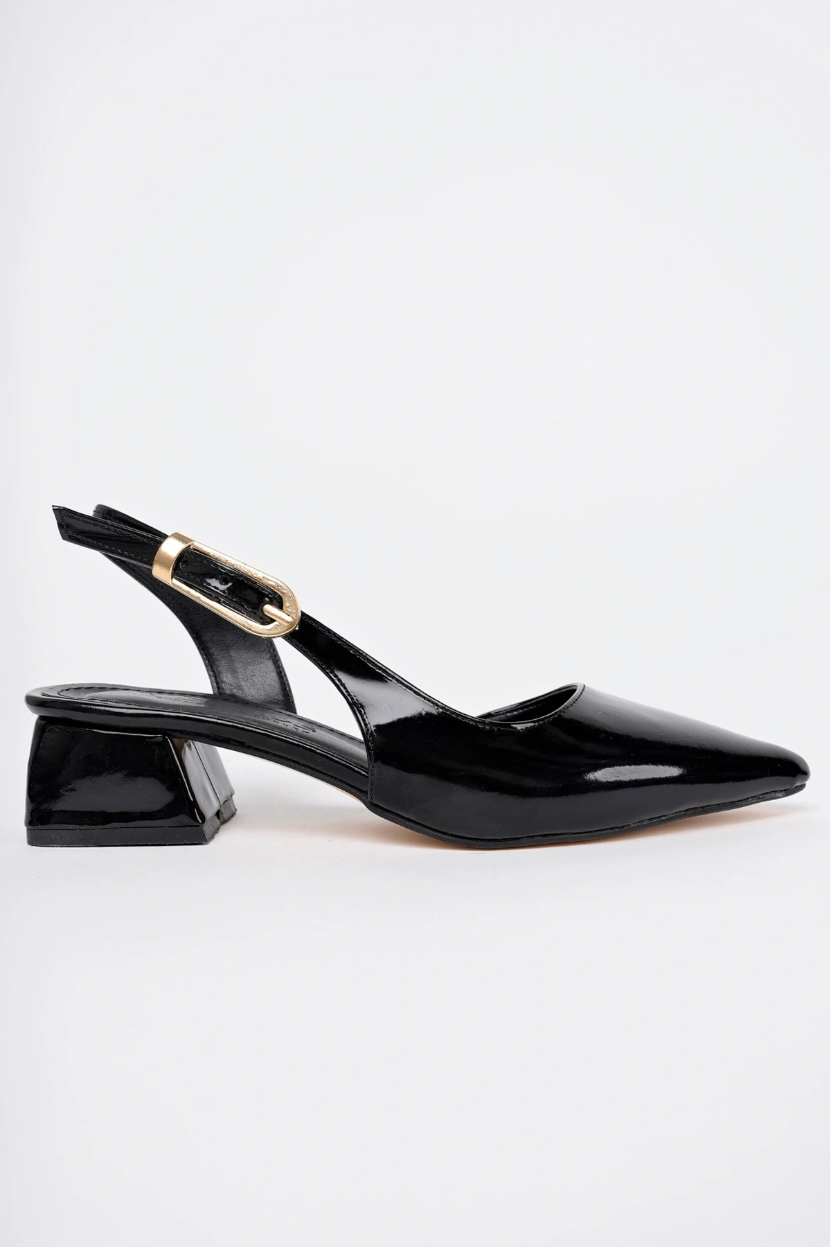 Kadın Siyah Rugan Arkası Açık Sivri Burun Klasik Kısa Topuklu Ayakkabı