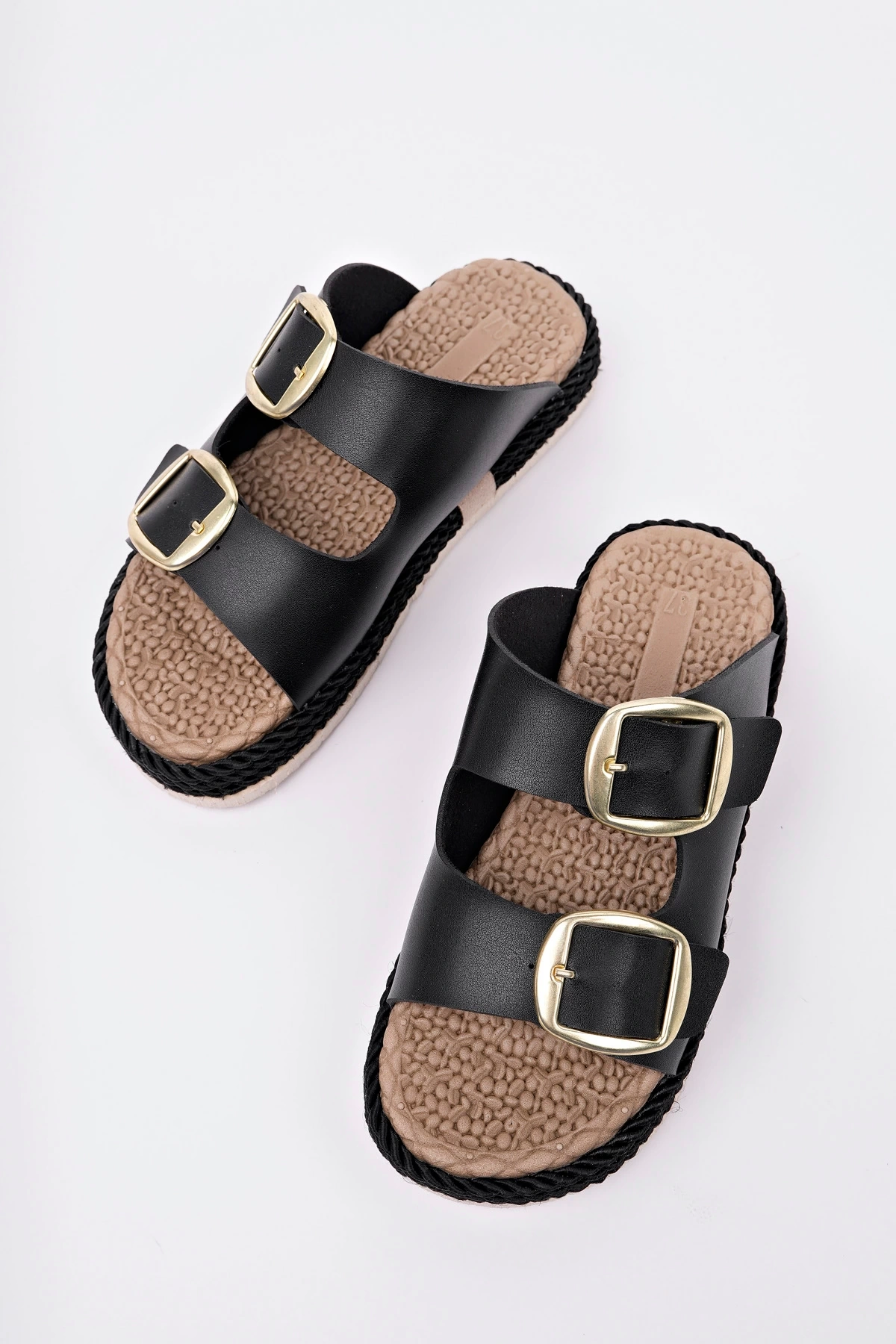 Kadın Siyah Günlük Çift Tokalı Rahat Taban Hasır Sandalet Terlik