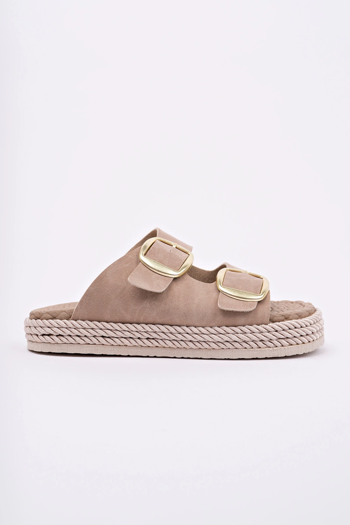 Kadın Bej Günlük Çift Tokalı Rahat Taban Hasır Sandalet Terlik