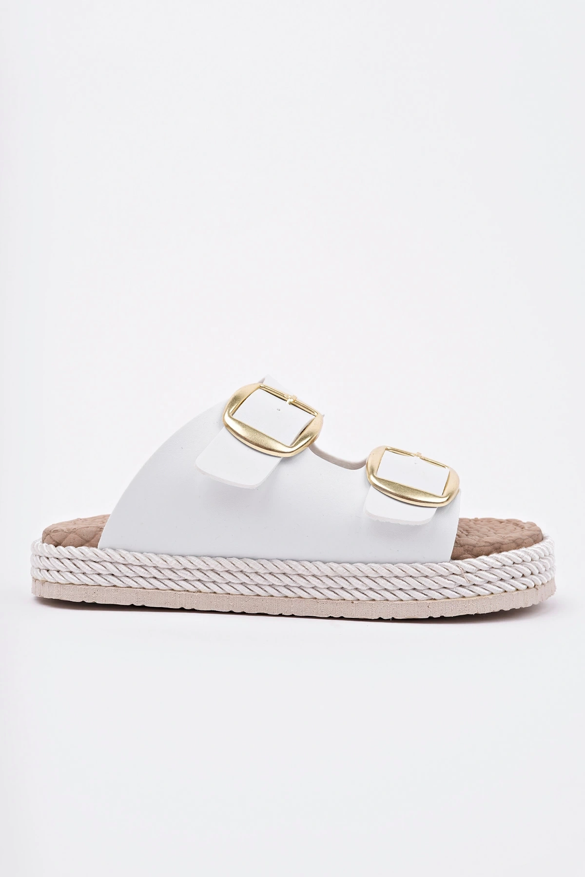 Kadın Beyaz Günlük Çift Tokalı Rahat Taban Hasır Sandalet Terlik